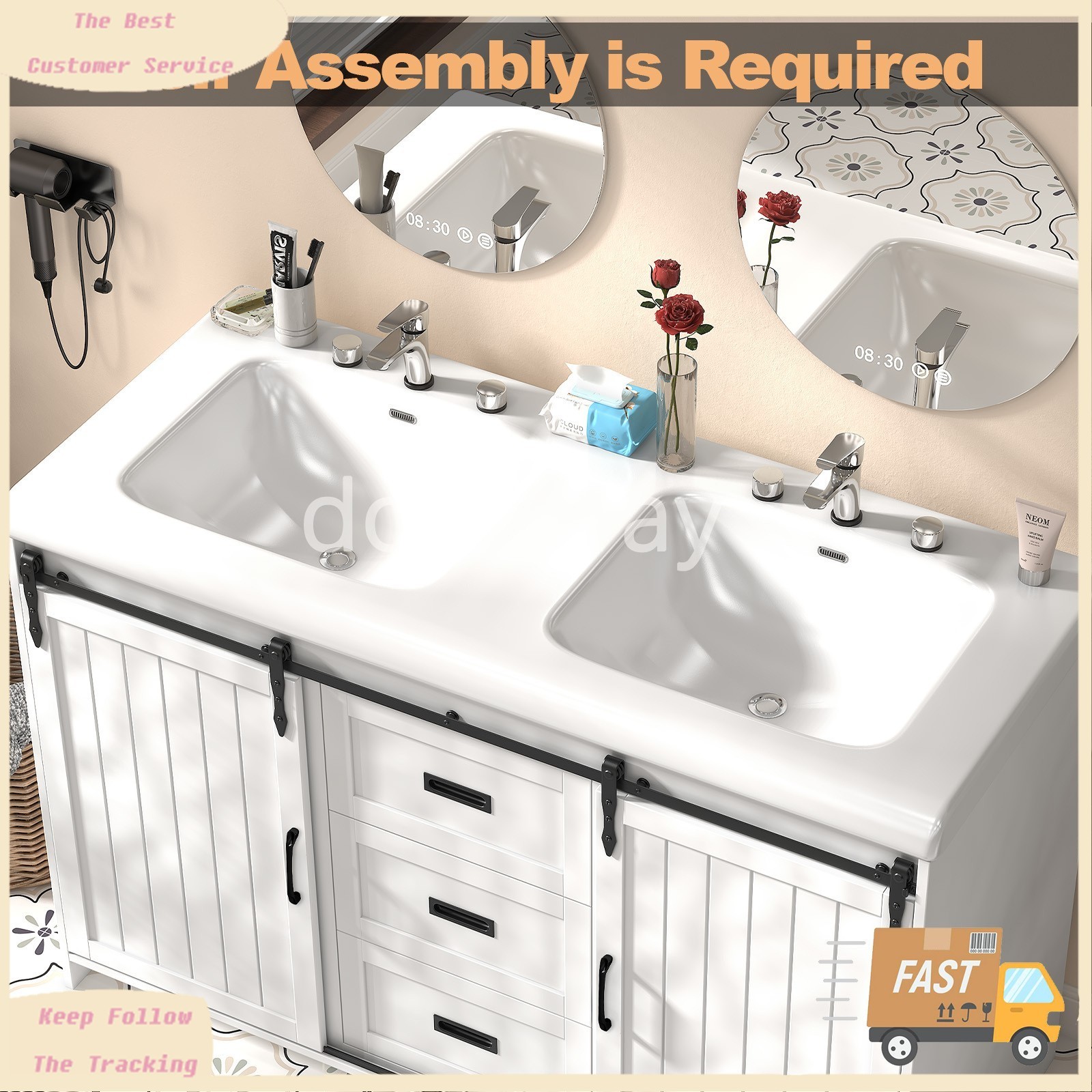 47″ Large Bathroom 2 Vanity Ceramic Sink Set Cabinet with Drawers & Cabinets