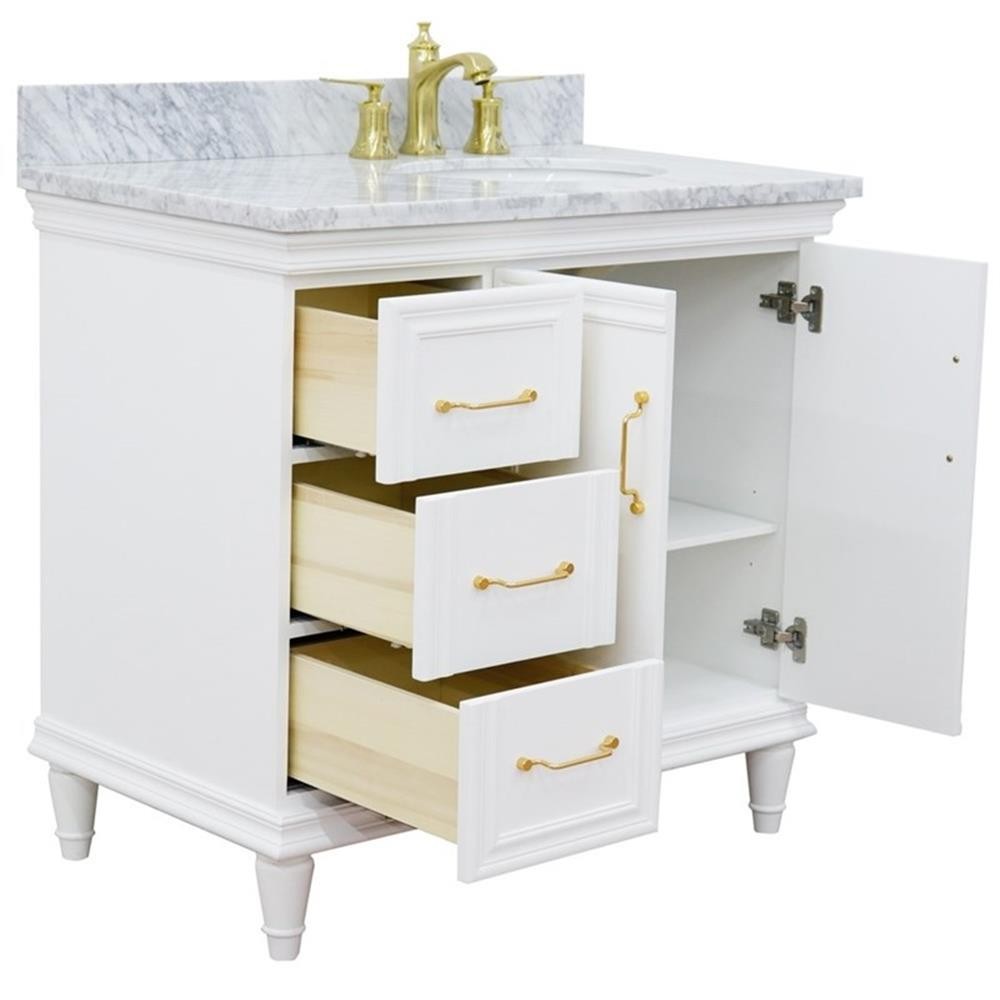 37 in. Single Wooden Vanity White White Carrara Oval Right Door.Right Sink