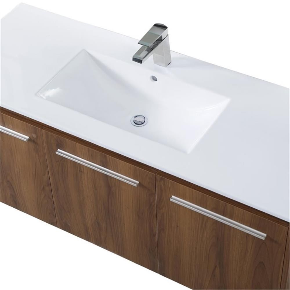 Pemberly Row 48″ Single Porcelain Top Floating Bathroom Vanity in Walnut