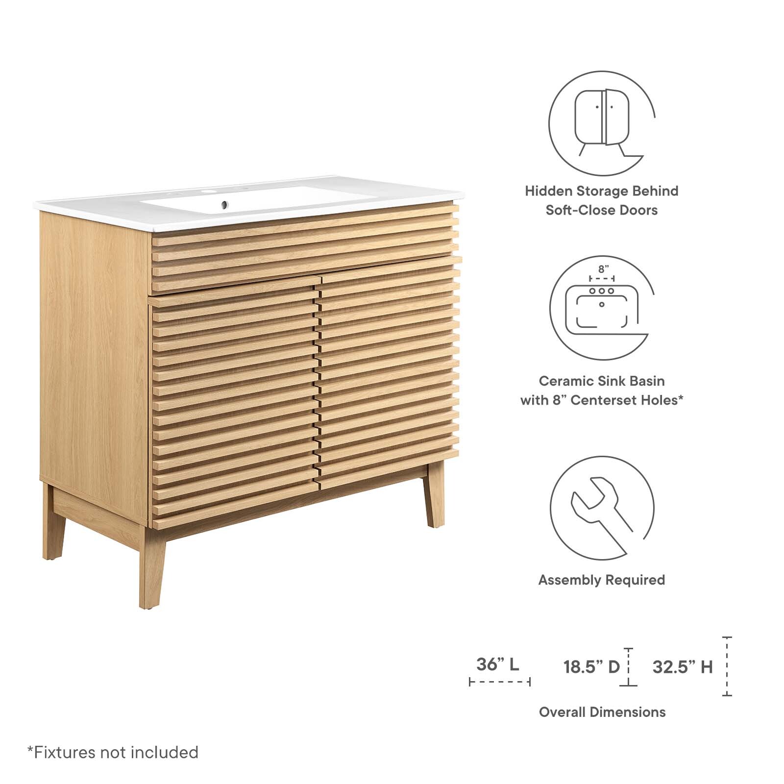 Modway Render 36″ Bathroom Vanity in Oak White