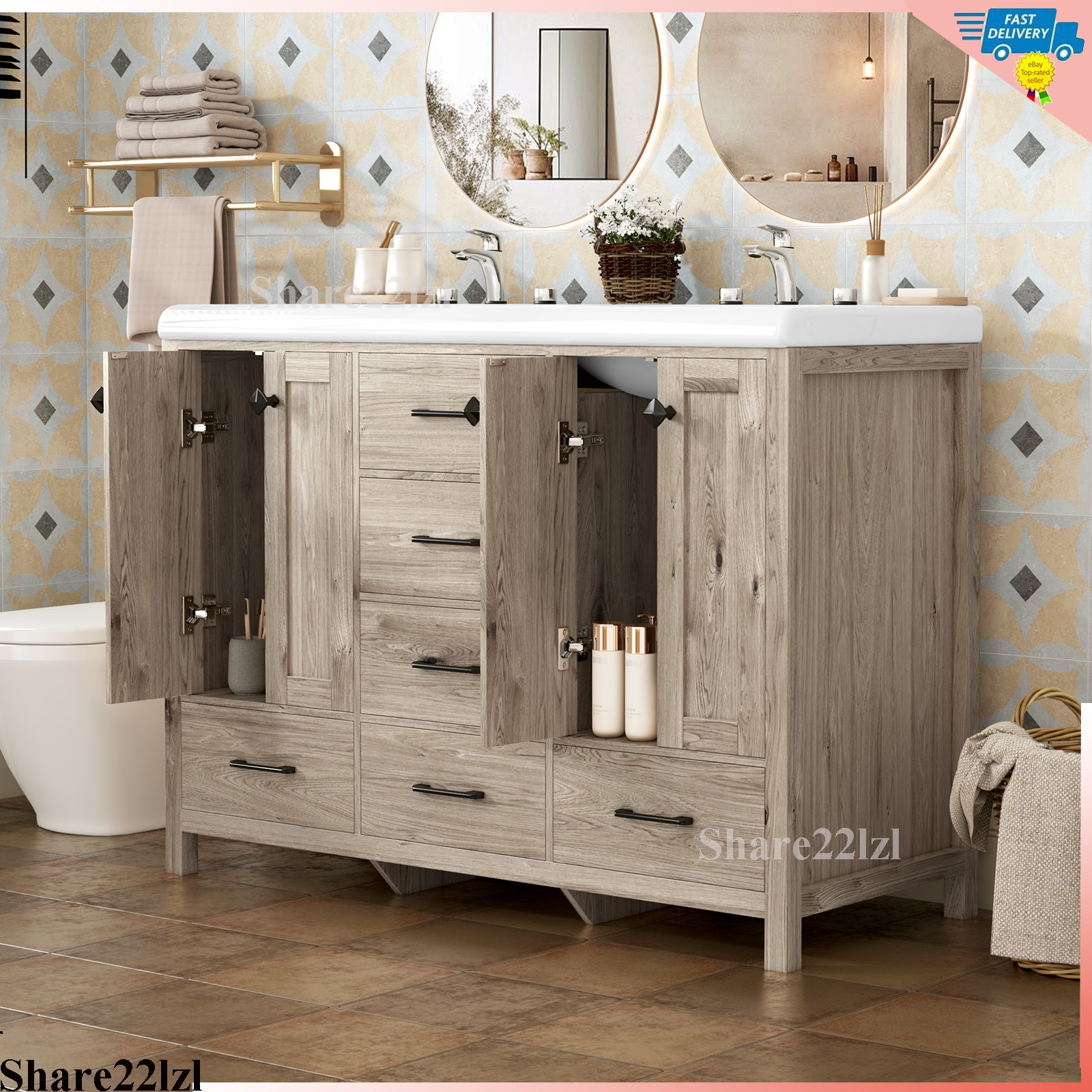 47″ Bathroom Vanity with Double Sink Combo Storage Cabinet w/ Doors and Drawers