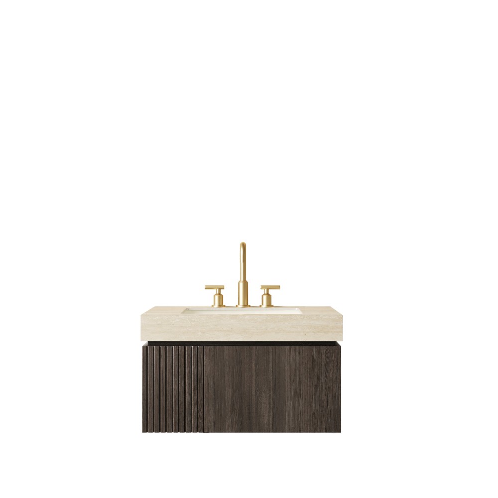 30″ Floating Vanity & Sink, Travertine Stone Top/Ceramic Basin, Drawer&Door