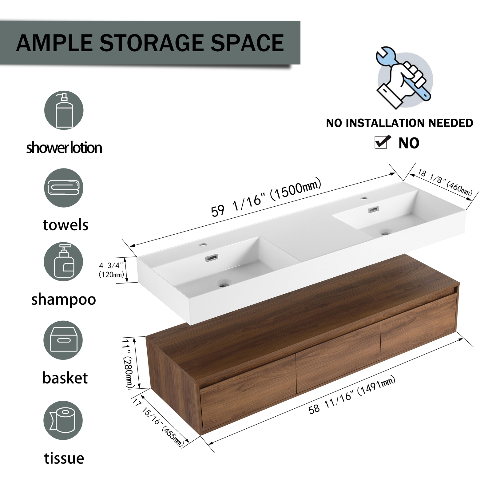 60 in Wooden Floating Wall-Mounted Bathroom Vanity W/Double Resin Sink Drawers