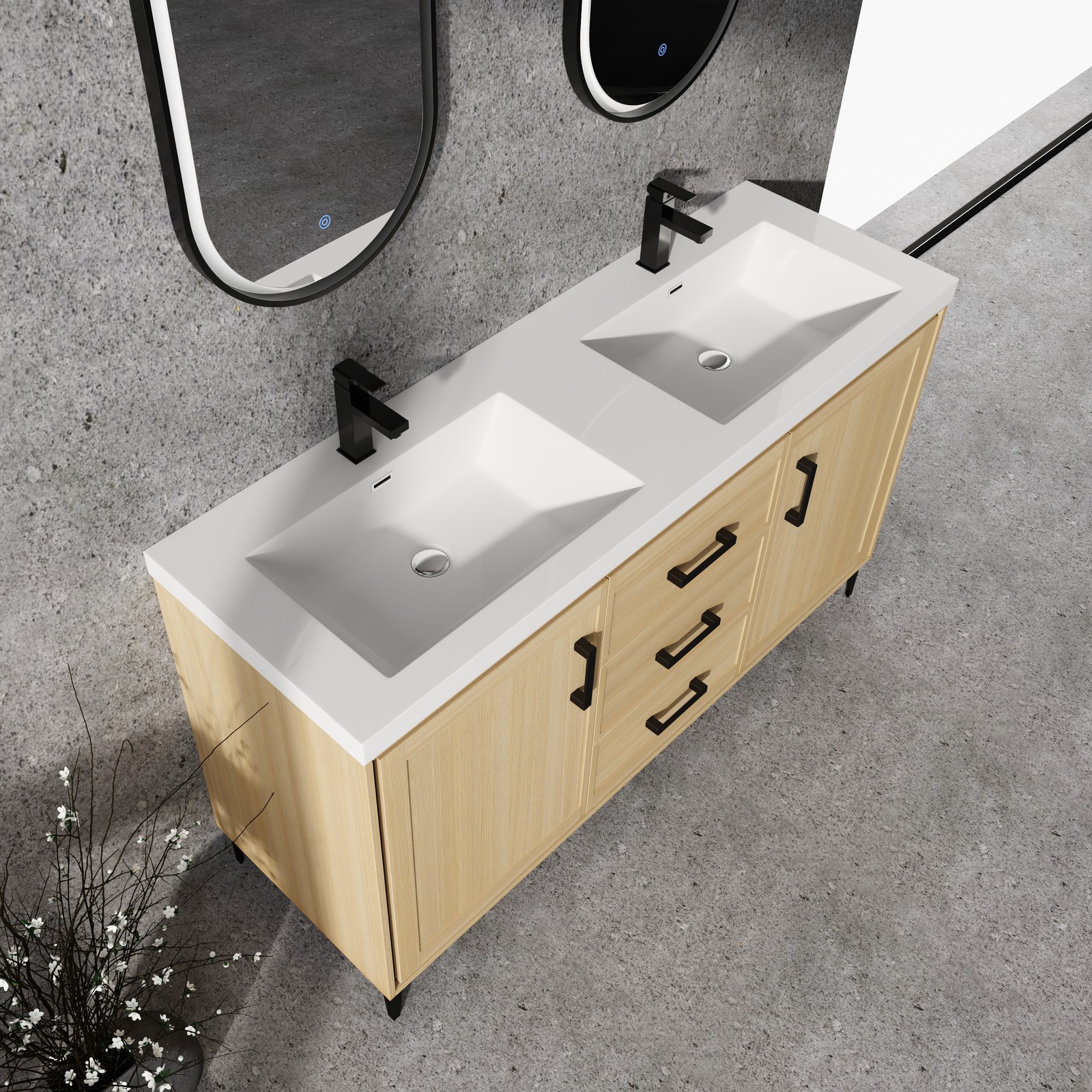60 in Plywood Bathroom Vanity Freestanding W/Double Resin Sink +2 Doors 3Drawers