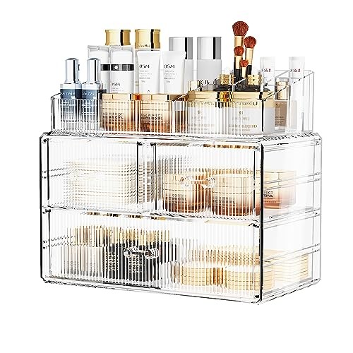 Stackable Cosmetic Organizer, Acrylic Cosmetic (1 Base, 2 Drawers) with Top