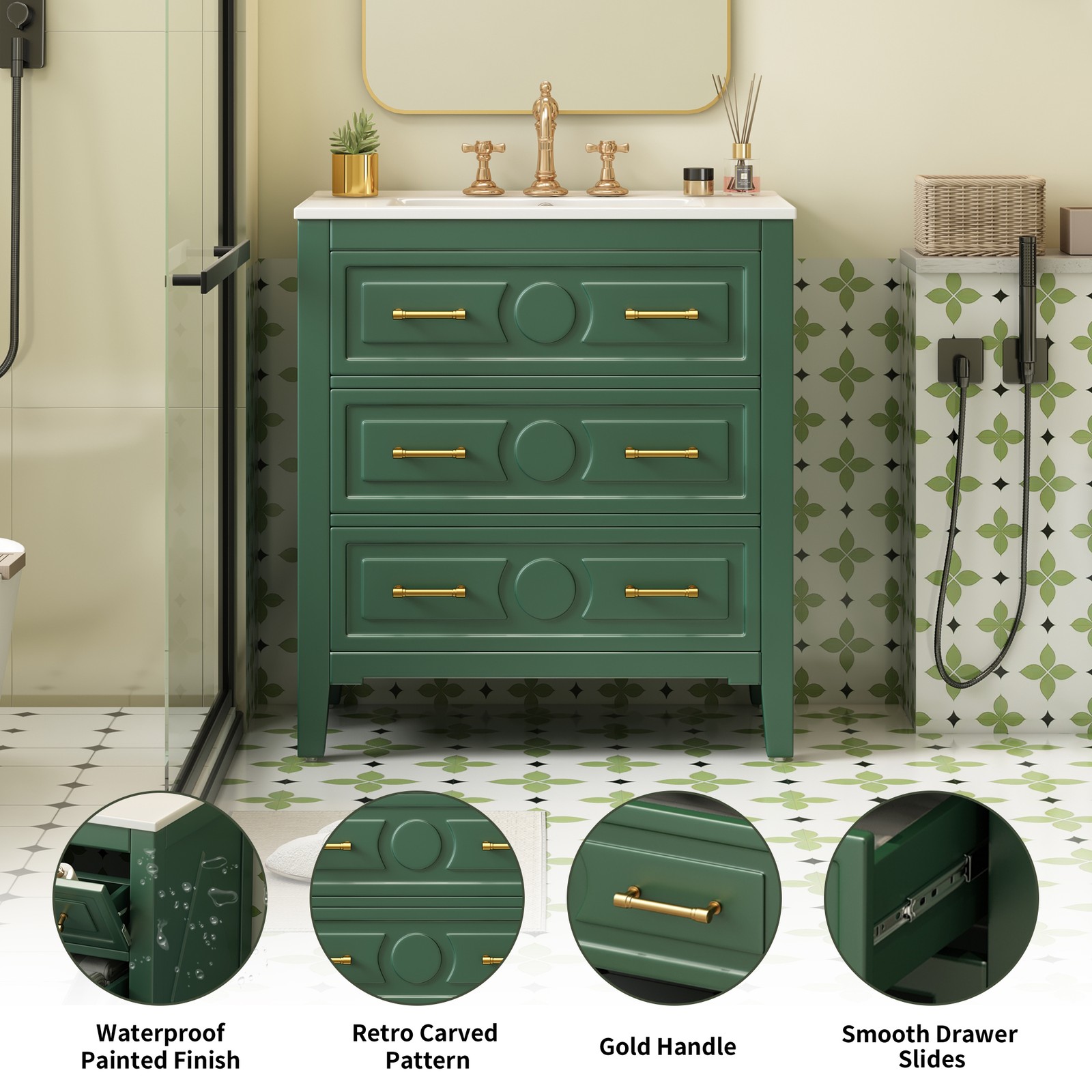 30″ Green Bathroom Vanity with Ceramic Sink, 3 Drawers, Solid Wood