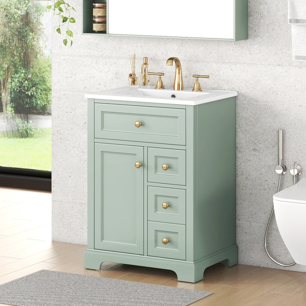 24 in White Bathroom Vanity with Sink MDF & Pinewood Construction 3 Drawers