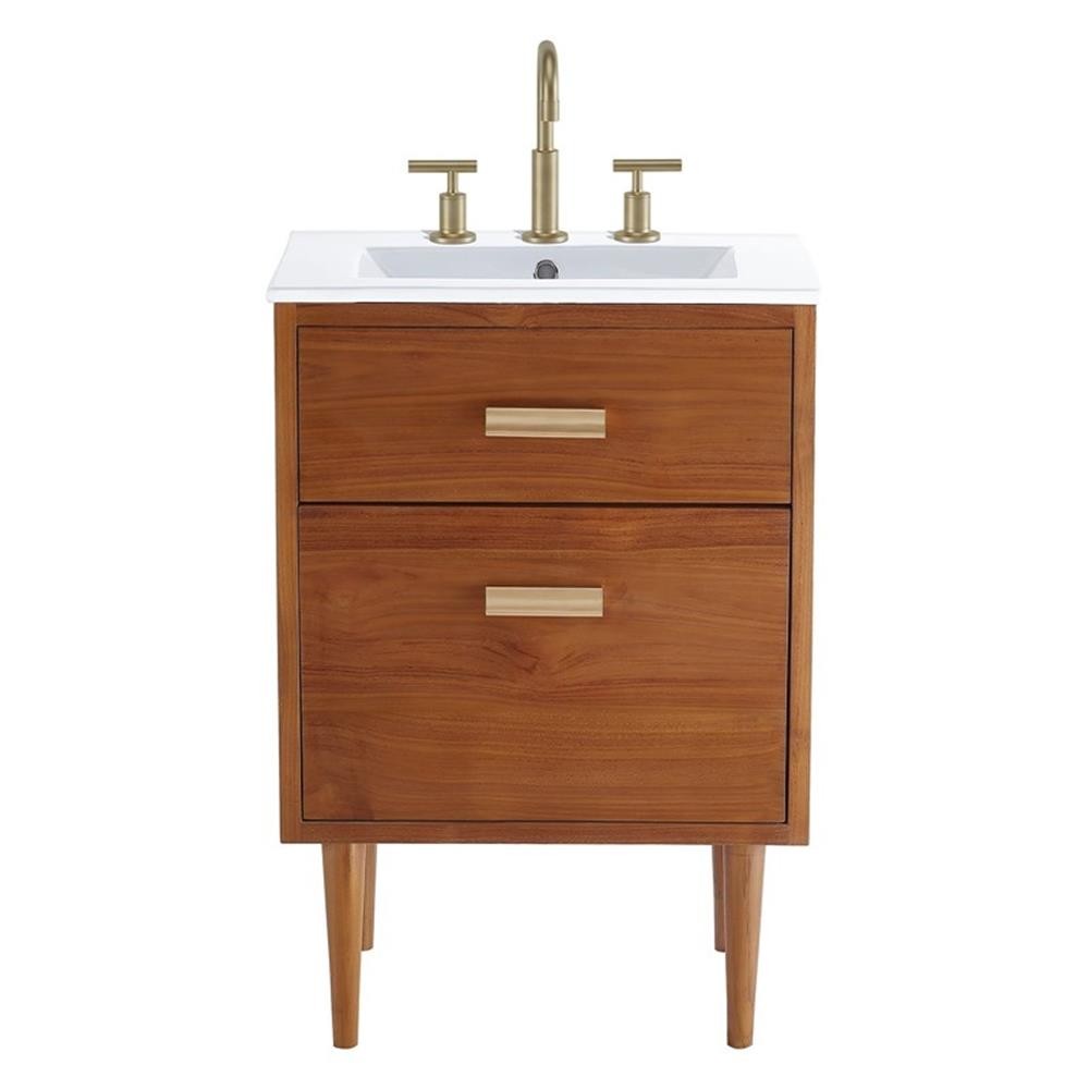 Pemberly Row 24.5″ Modern Wood & Ceramic Bathroom Vanity in Natural/White