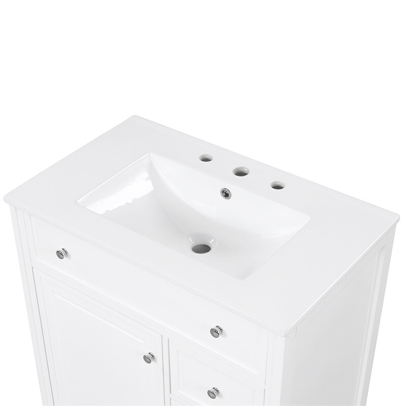 30″ White Bathroom Vanity with Ceramic Sink Set Storage Cabinet w/Door & Drawers