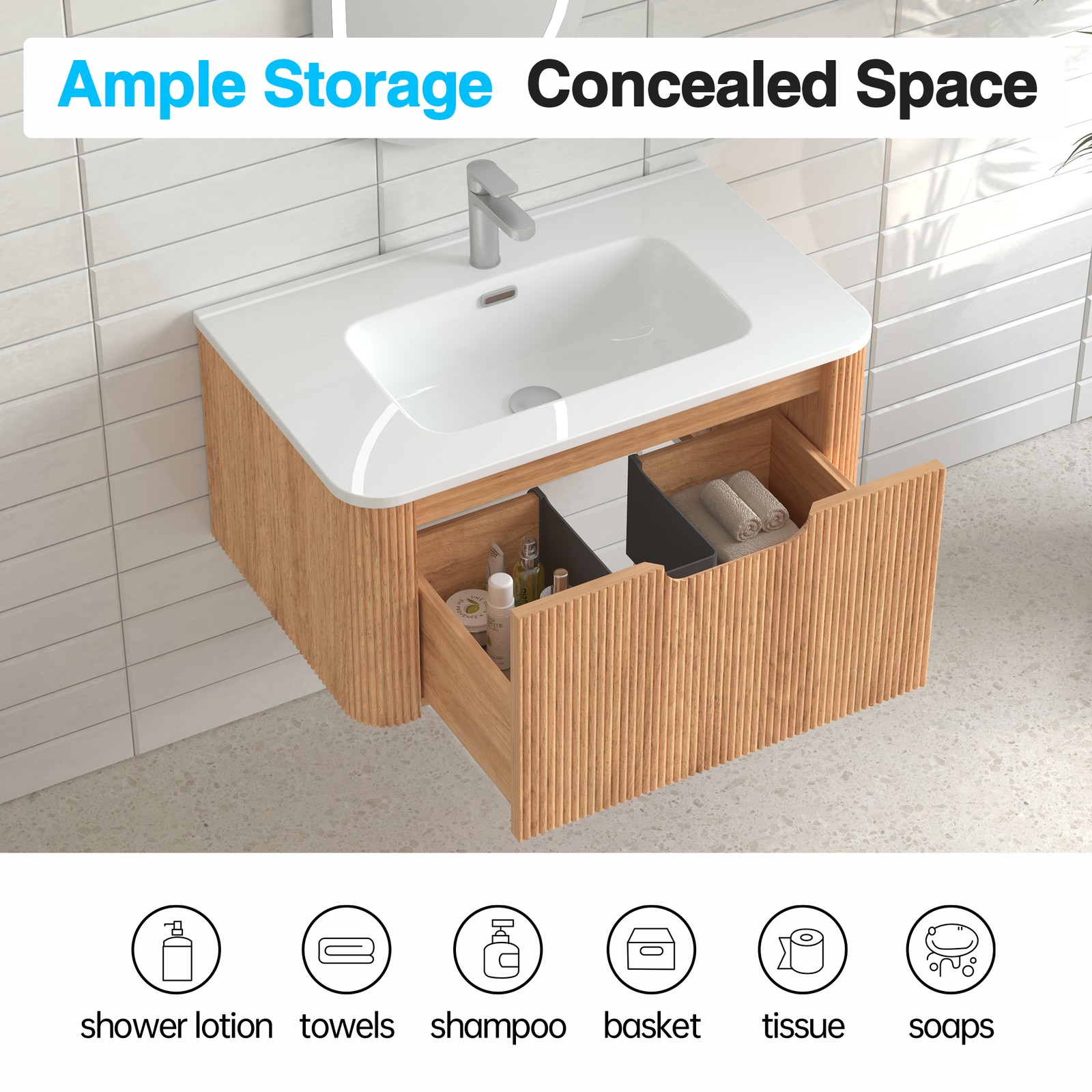 30″ Floating Bathroom Vanity in Walnut with White Ceramic Basin