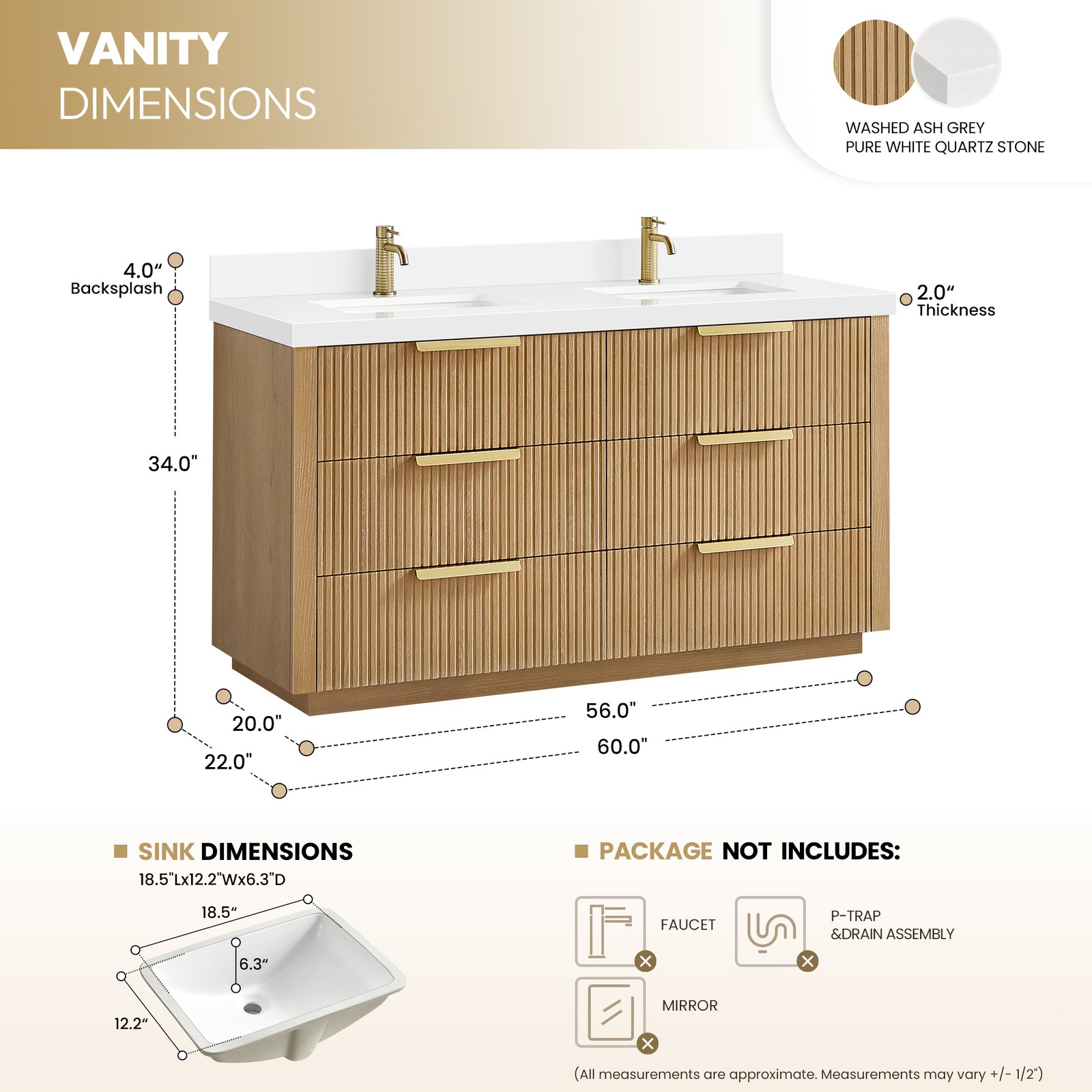 Santarem 60″ Double Bath Vanity in Washed Ash Grey with White Quartz Stone Top