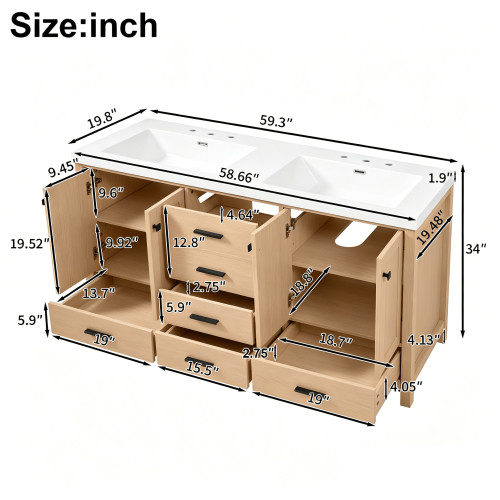 59.3″ Bathroom Vanity with Solid Wood Frame & MDF Cabinet,Double SMC Resin Sink