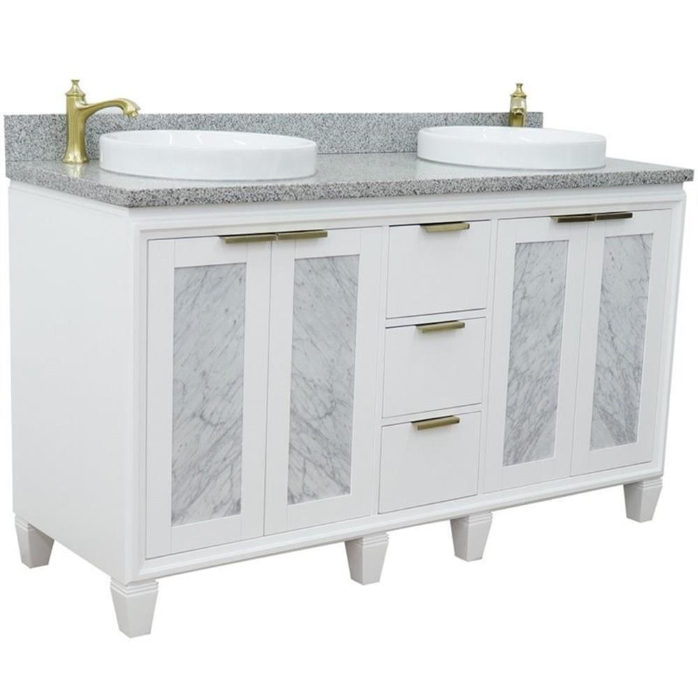 Pemberly Row 61″ Double Round Sink Solid Wood Vanity in White/Gray Granite Stone