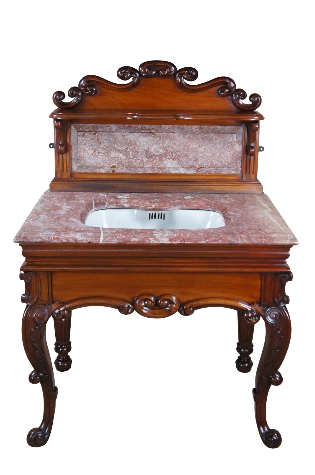 Rare Antique French Victorian Mahogany Marble Top Bathroom Vanity Porcelain Sink