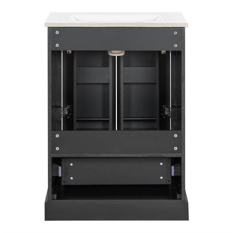 24in Black Bathroom Vanity with Ceramic Sink,Divider Drawer & 2 Soft-close Doors