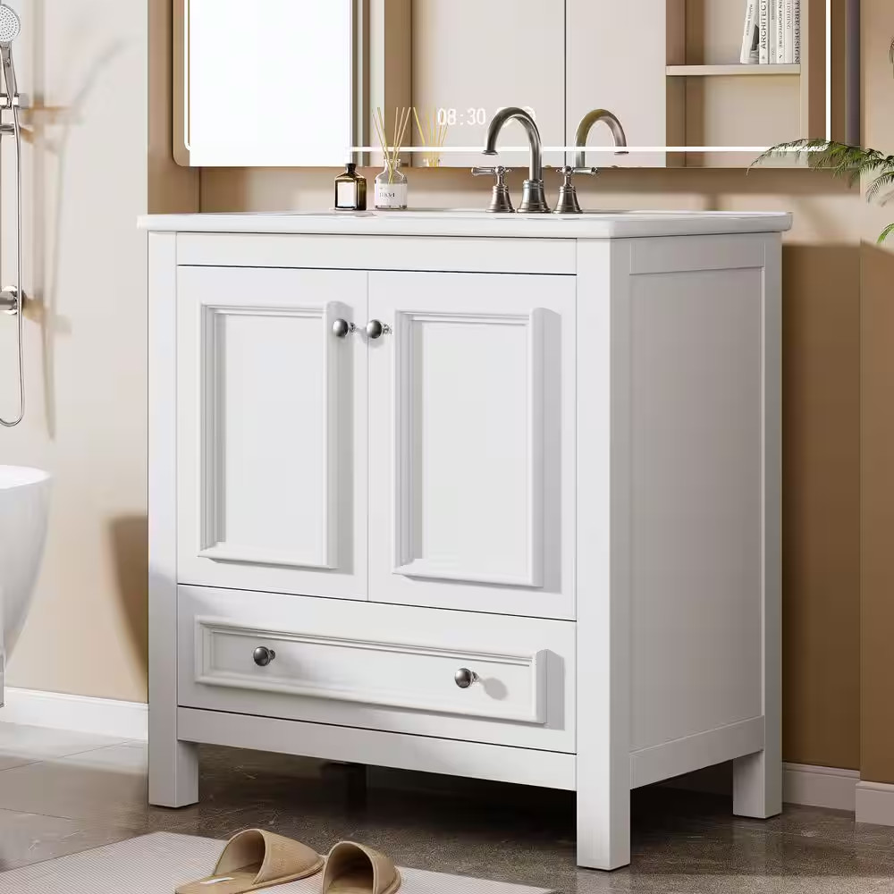30 In. Single Sink Freestanding White Bath Vanity with White Ceramic Top Unassem
