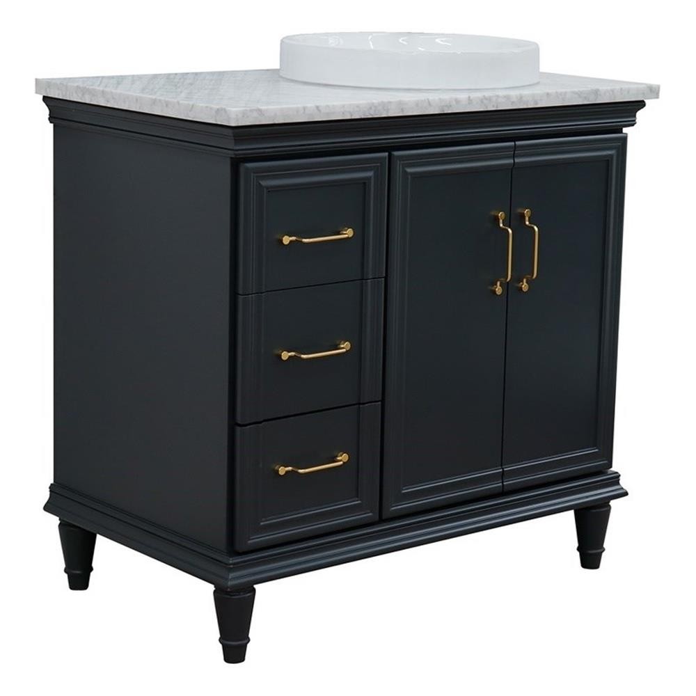 37 in. Single Wooden Vanity Dark Gray White Carrara Round Right Door.Right Sink
