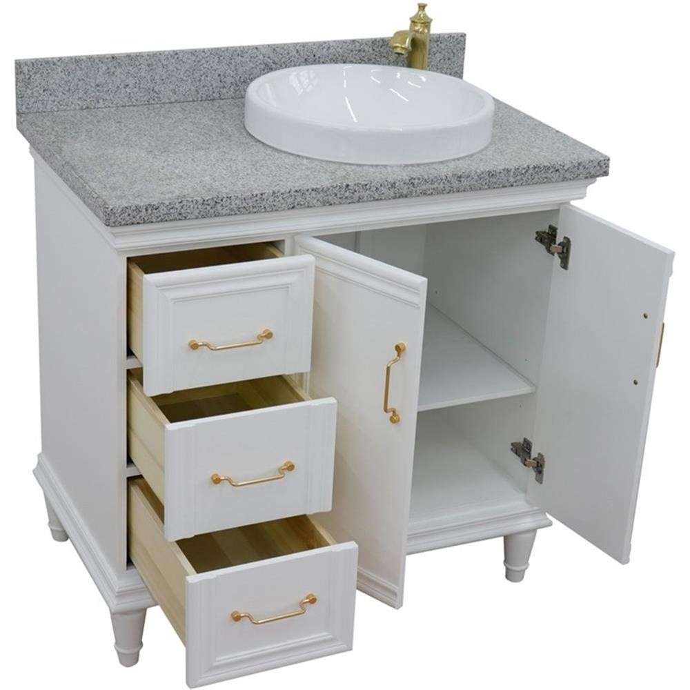37 in. Single Wooden Vanity White Gray Granite Round Right Door.Right Sink