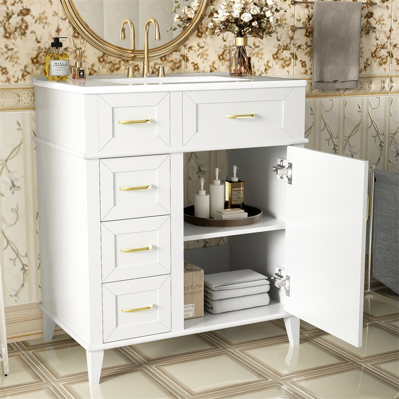 30in White Bathroom Vanity with Ceramic Freestanding Cabinet w/Door & 3 Drawers