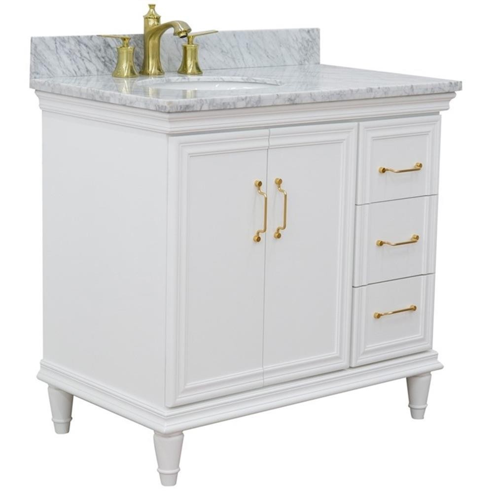 37 in. Single Wooden Vanity White White Carrara Oval Left Door.Left Sink
