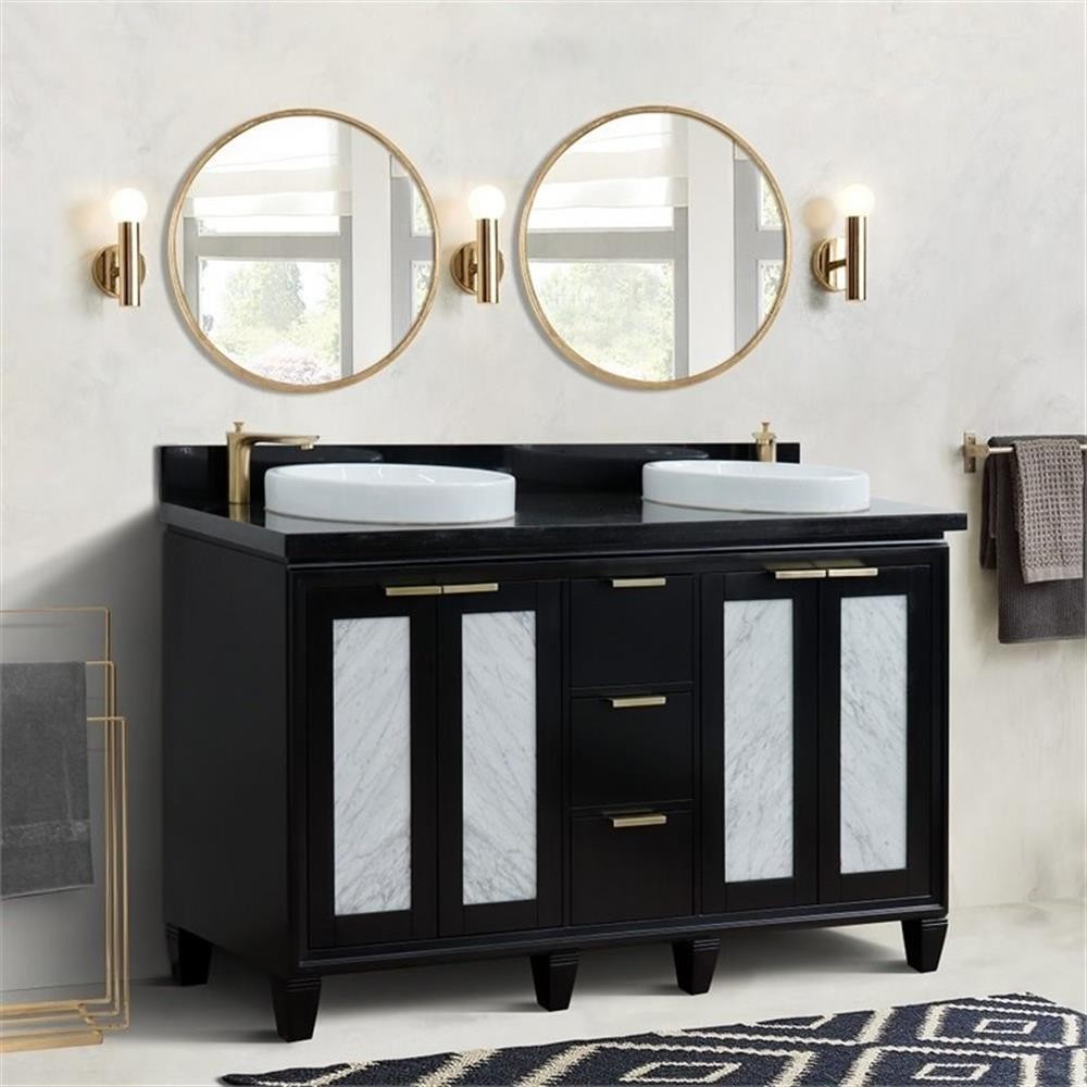Pemberly Row 61″ Double Round Sink Solid Wood Vanity in Blue/Black Galaxy