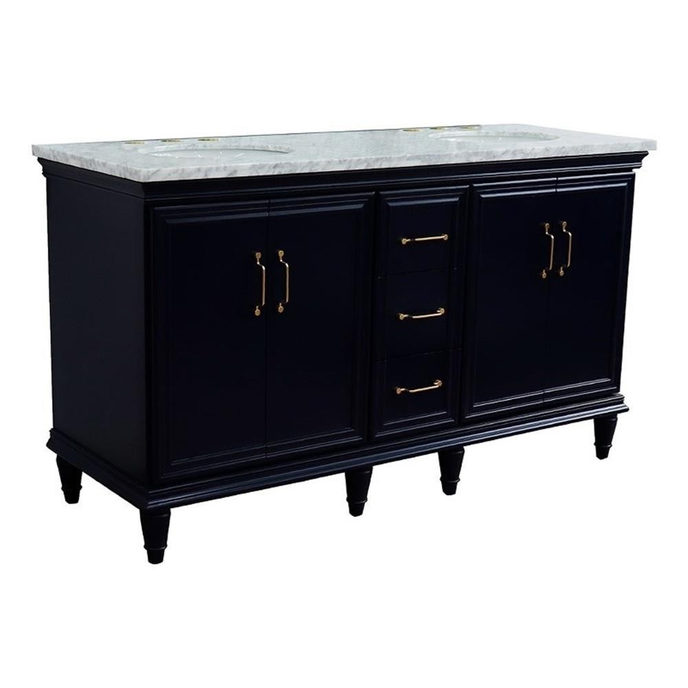 61 in. Double Wooden Vanity Blue White Carrara Marble Oval Sink