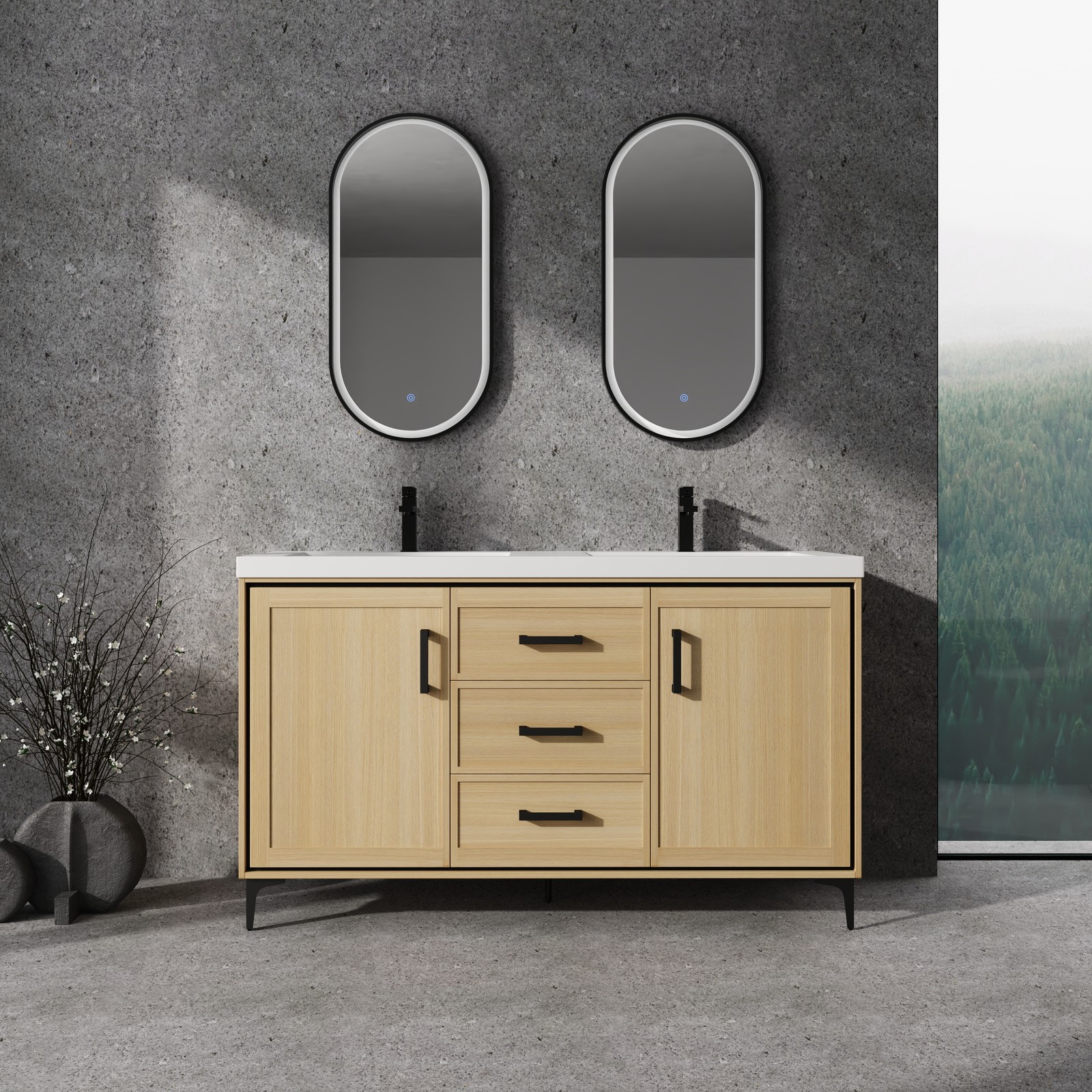 60 in Plywood Bathroom Vanity Freestanding W/Double Resin Sink +2 Doors 3Drawers