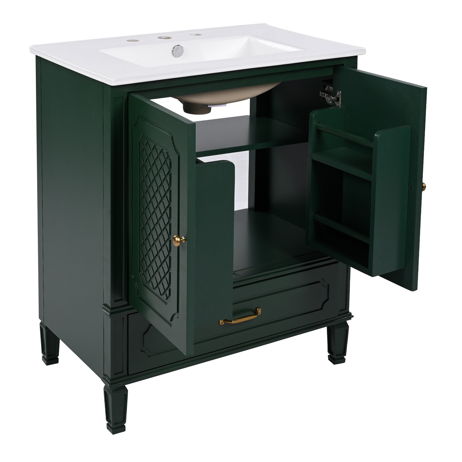 30″ Bathroom Vanity with Ceramic Sink, Green, Soft-Close Door & Drawer