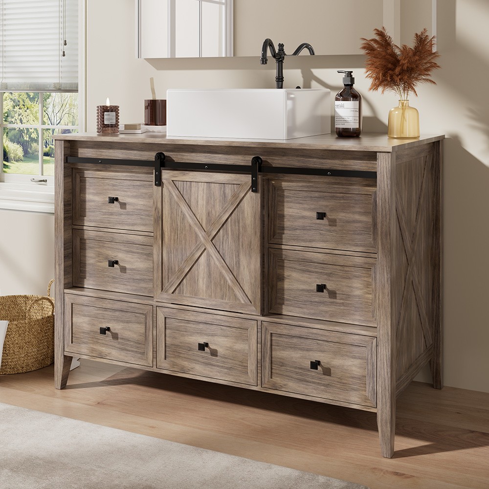 48″ Bathroom Vanity Bathroom Storage Cabinet with Ceramic Sink Farmhouse Wood