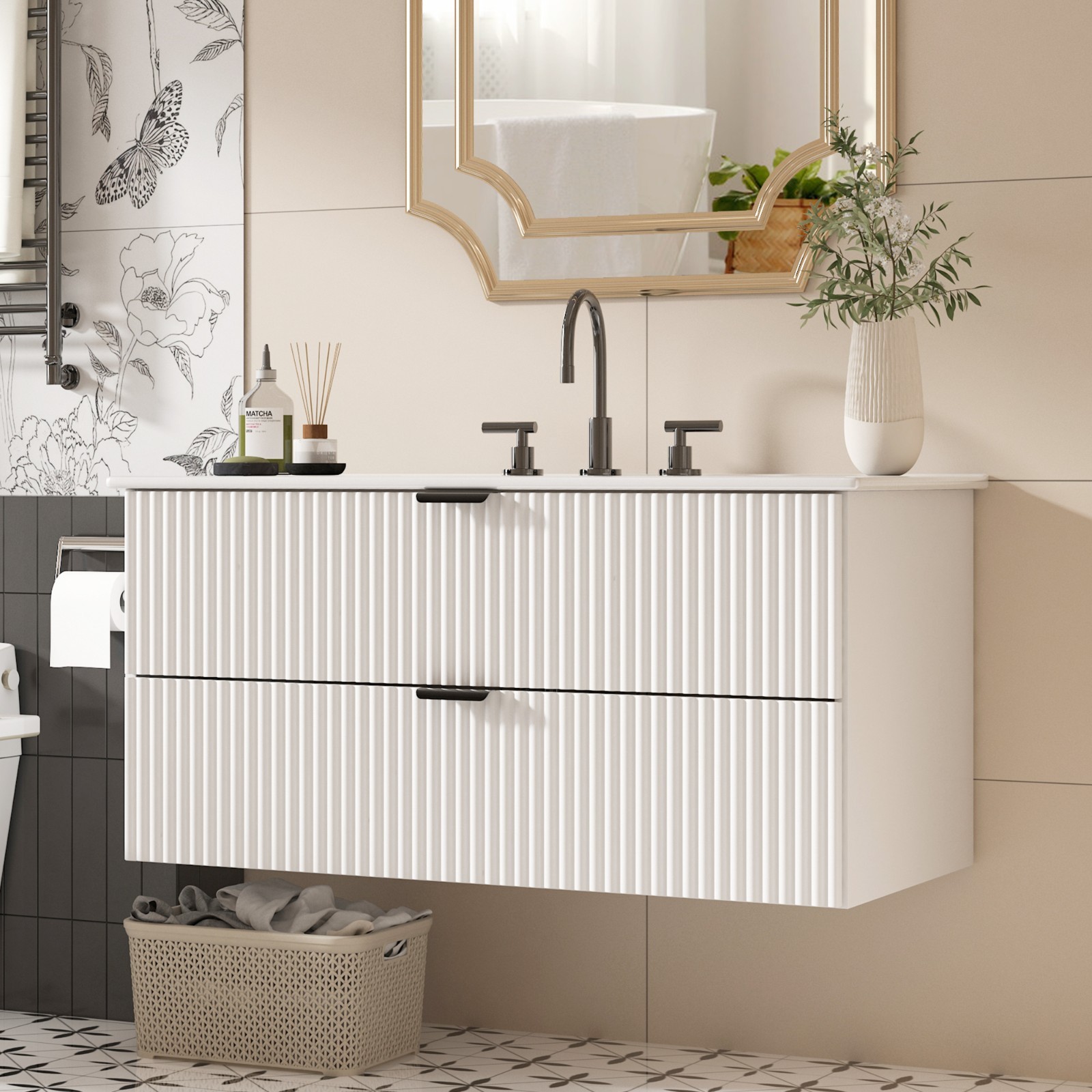 36″ 30″ 24″ Wall Mounted Bathroom Vanity Cabinet with Ceramic Sink Combo White