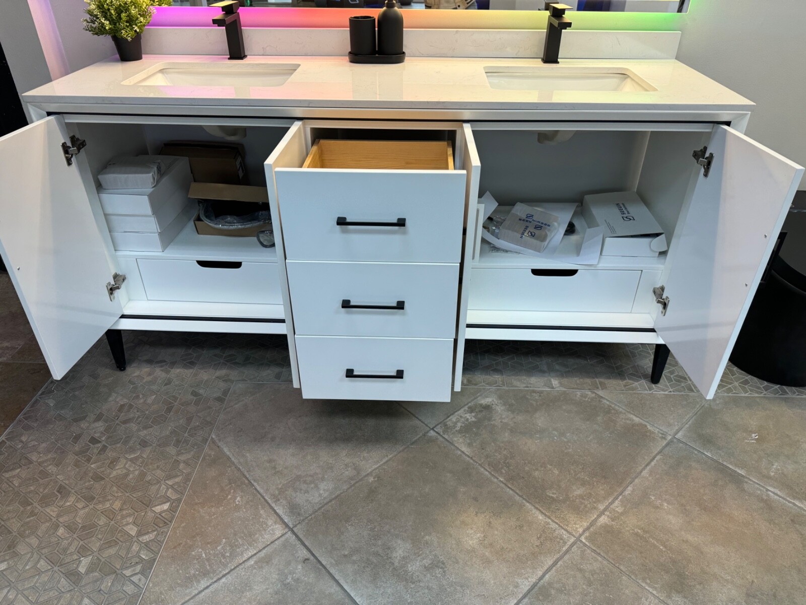 72″Bathroom Vanity Single Cabinet White Freestanding Drawers Plywood No Sink