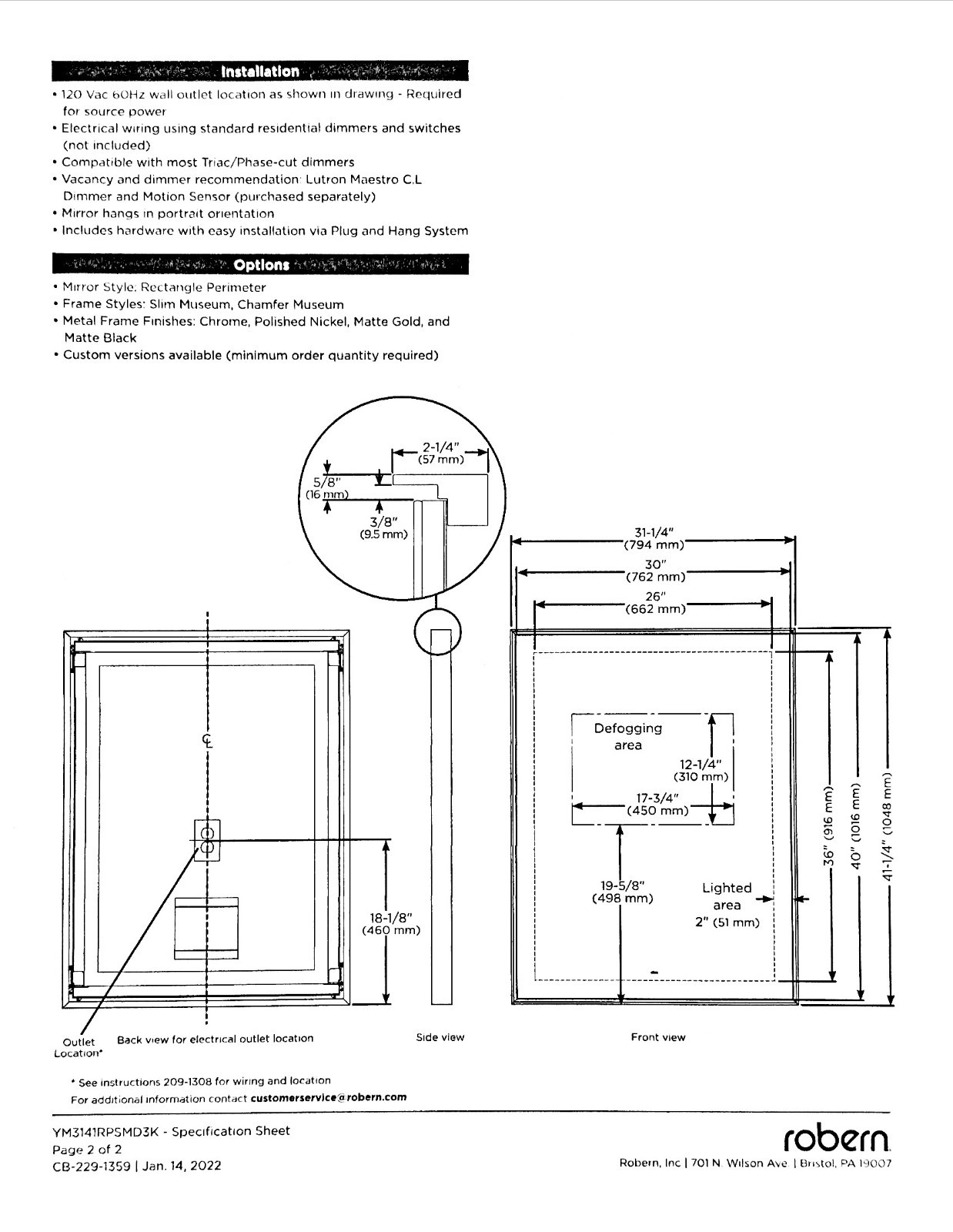 Robern YM3141RPSMD3K77 – Sculpt, Slim Museum Mirror 31″ x 41″ x 2″ – Pol. Nickel