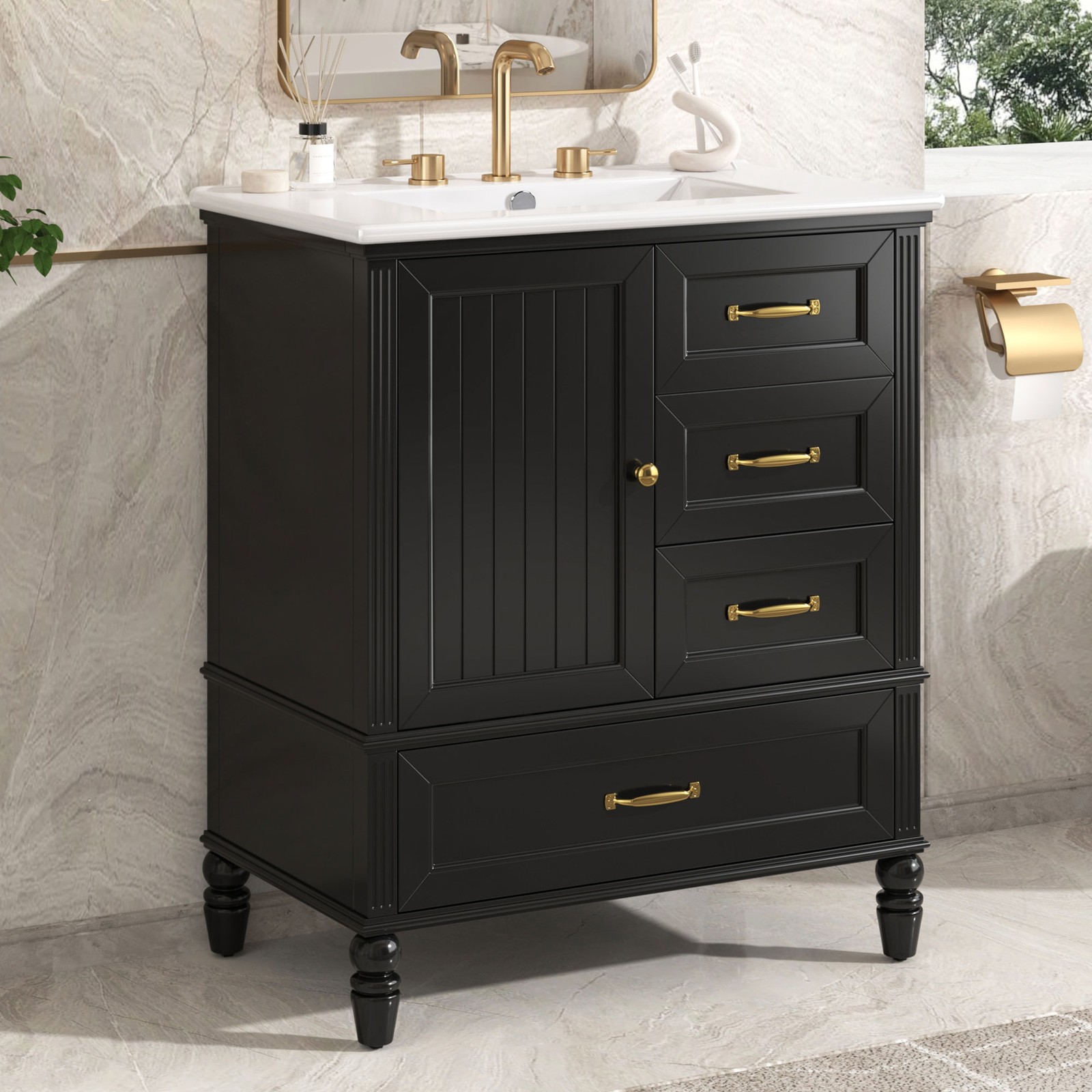 30″ Bathroom Vanity with Sink & Cabinet, Black, Solid Wood & MDF