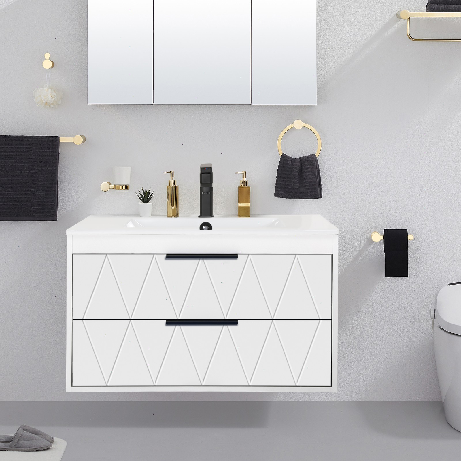 Eclife Wall Mounted Bathroom Vanity Cabinet with Sink Combo Faucet Drain