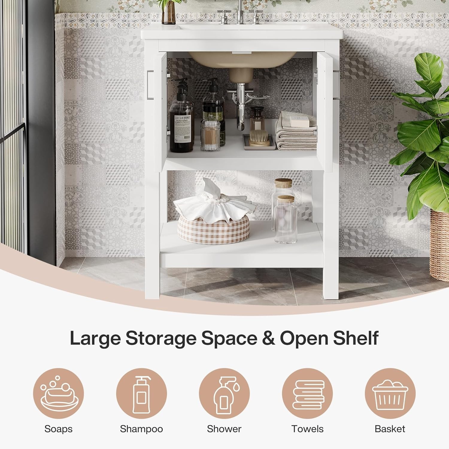 24inch Modern Bathroom Vanity Cabinet Storage with Sink Combo with 2 Doors White