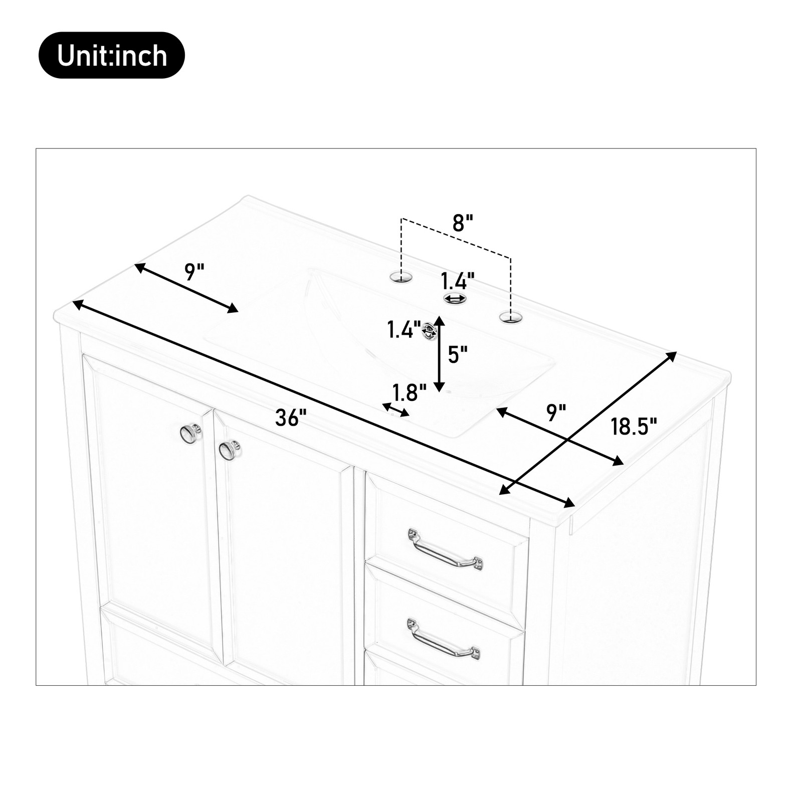 36″ Bathroom Vanity with Sink & Soft-Closing Doors, Blue