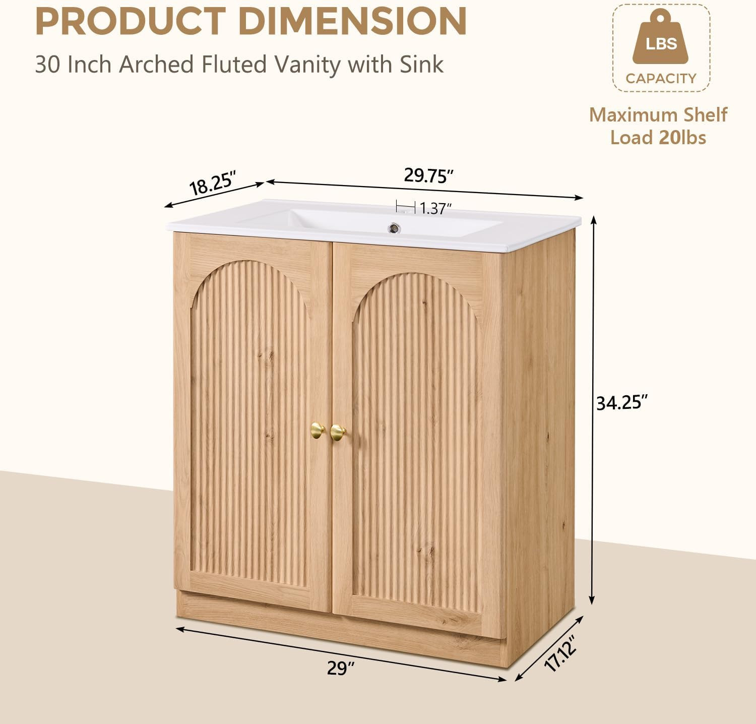 30 Inch Arched Bathroom Vanity with Sink, Modern Fluted Bathroom Vanity Cabinet