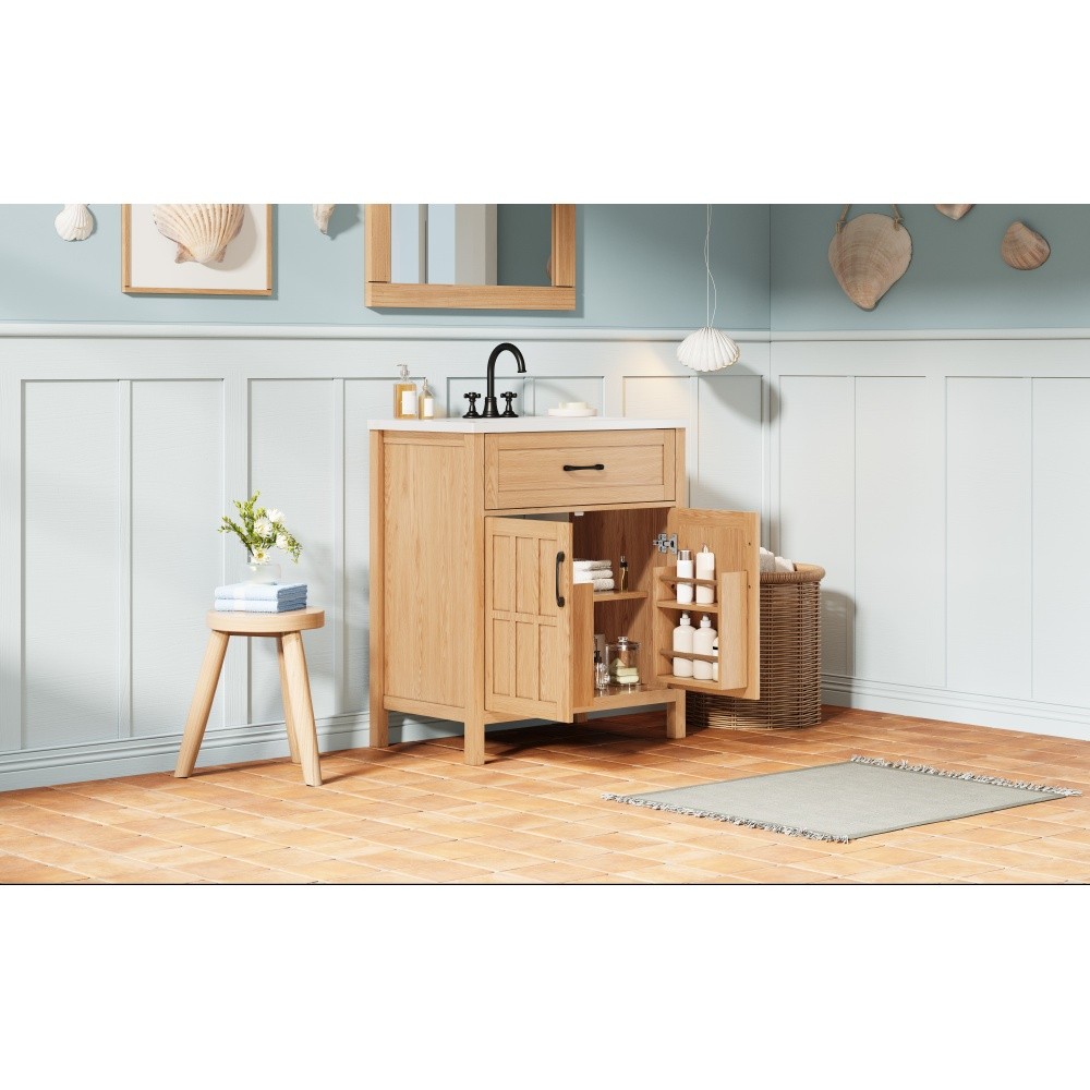 30″ Bathroom Vanity Resin Sink, Solid Wood, Adjustable Shelf & Door Organizers