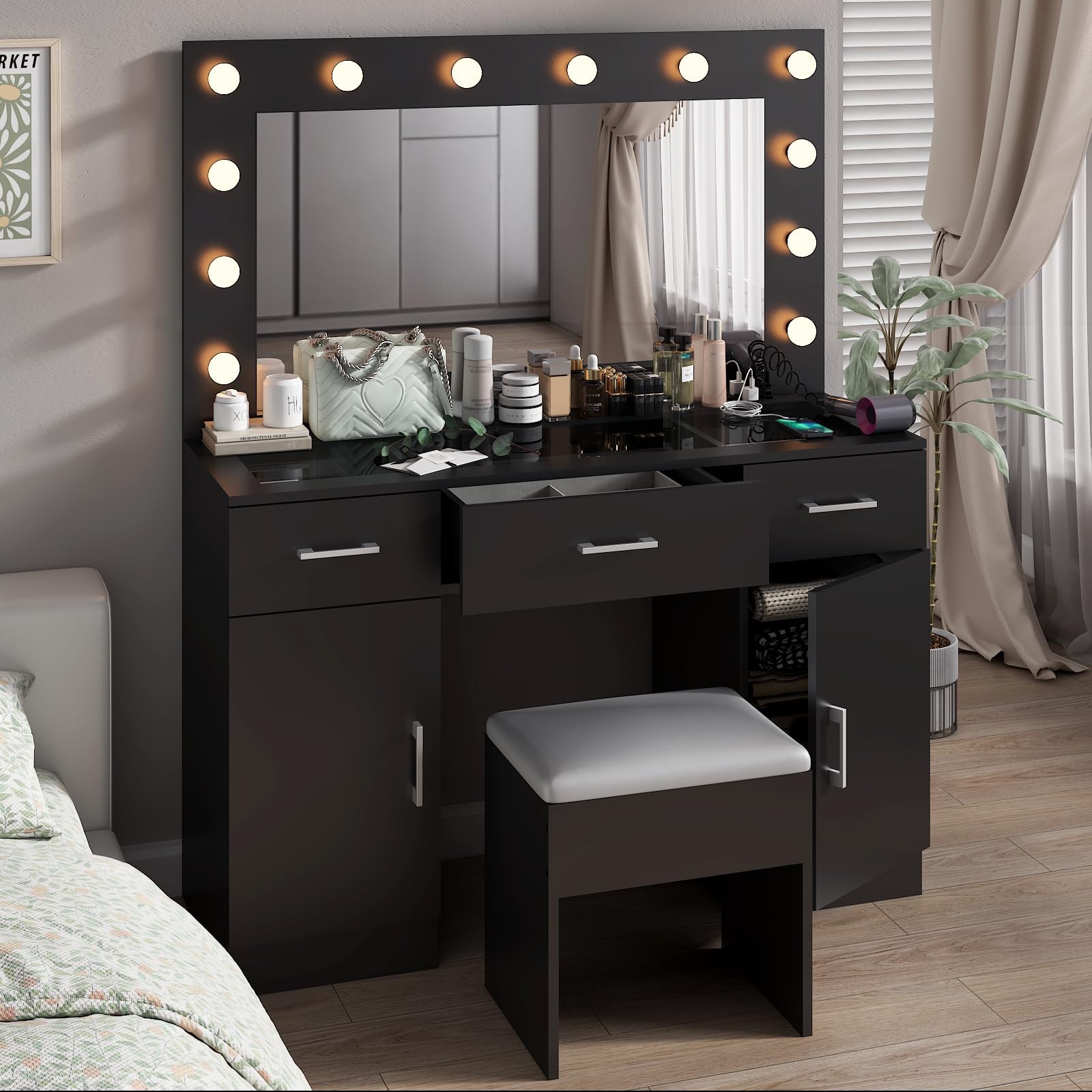 Makeup Vanity Mirror Light Charger 2 Cabinet 3 Drawer Glass Top Stool 3 Colors