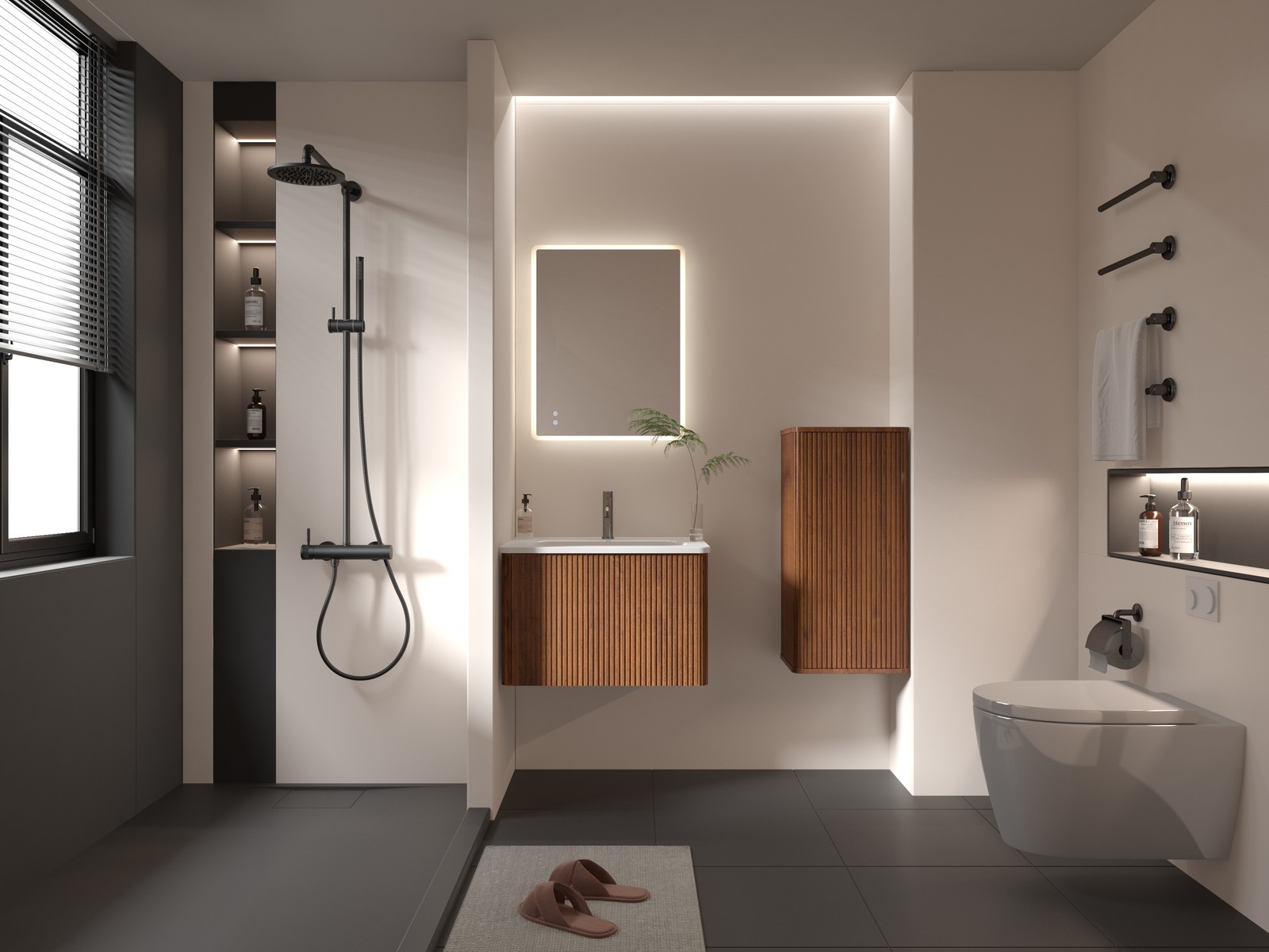Striped Walnut Floating Bathroom Cabinet, Wall-Mounted Storage, 29.52″H