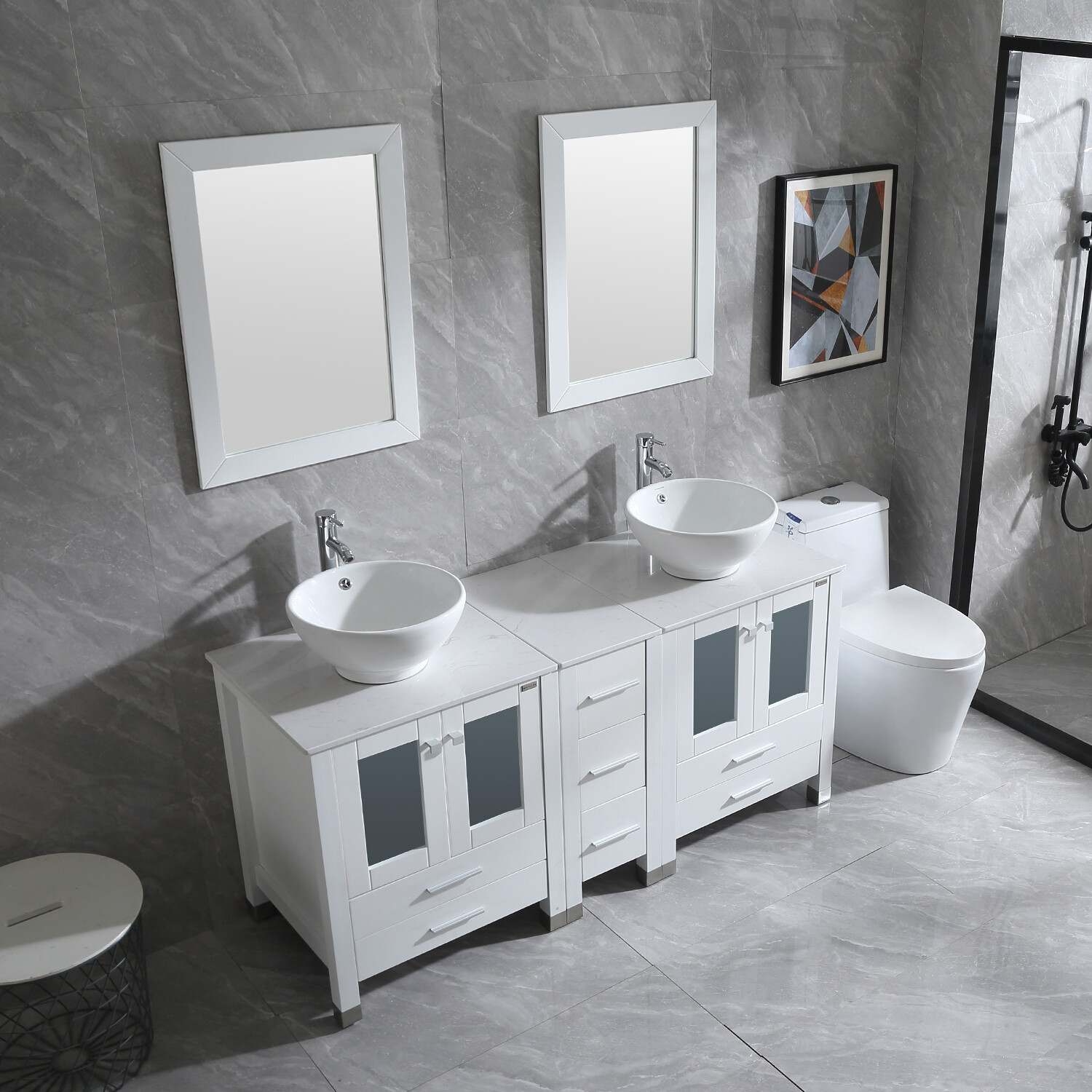 60″ Bathroom Vanities White Drawer Cabinet Ceramic Vessel Sinks w/ Faucet Combo