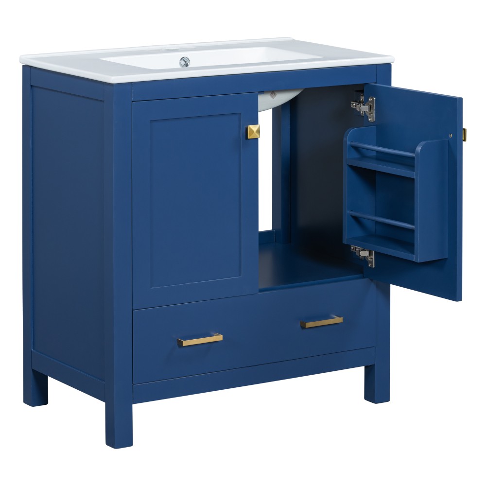 30″ Transitional Bathroom Vanity,Ceramic Sink,2 Door Cabinet & Drawer,Solid Wood