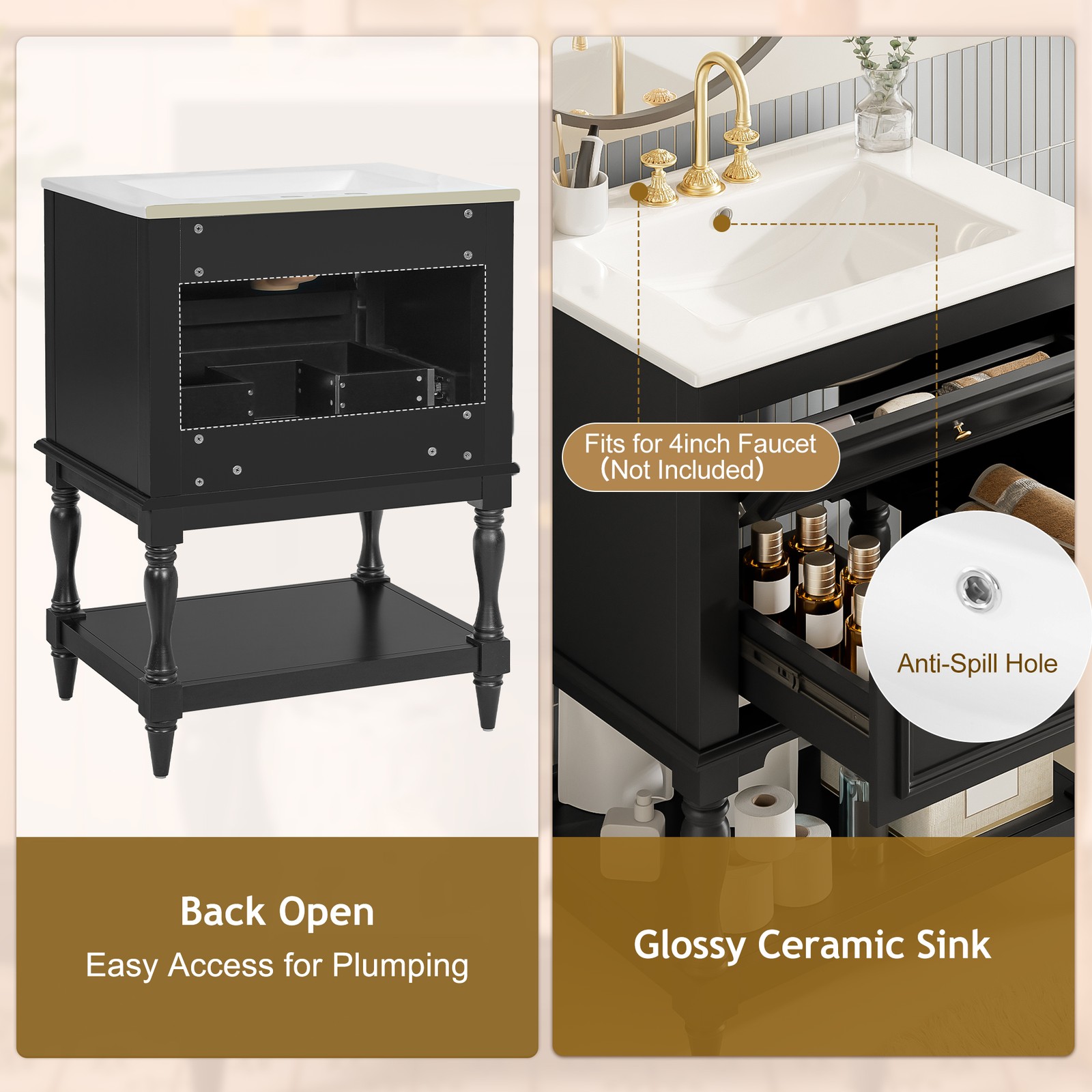 FUNIDEE 24″ Bathroom Vanity with Ceramic Sink Storage Cabinet w/ 2 Drawers Black