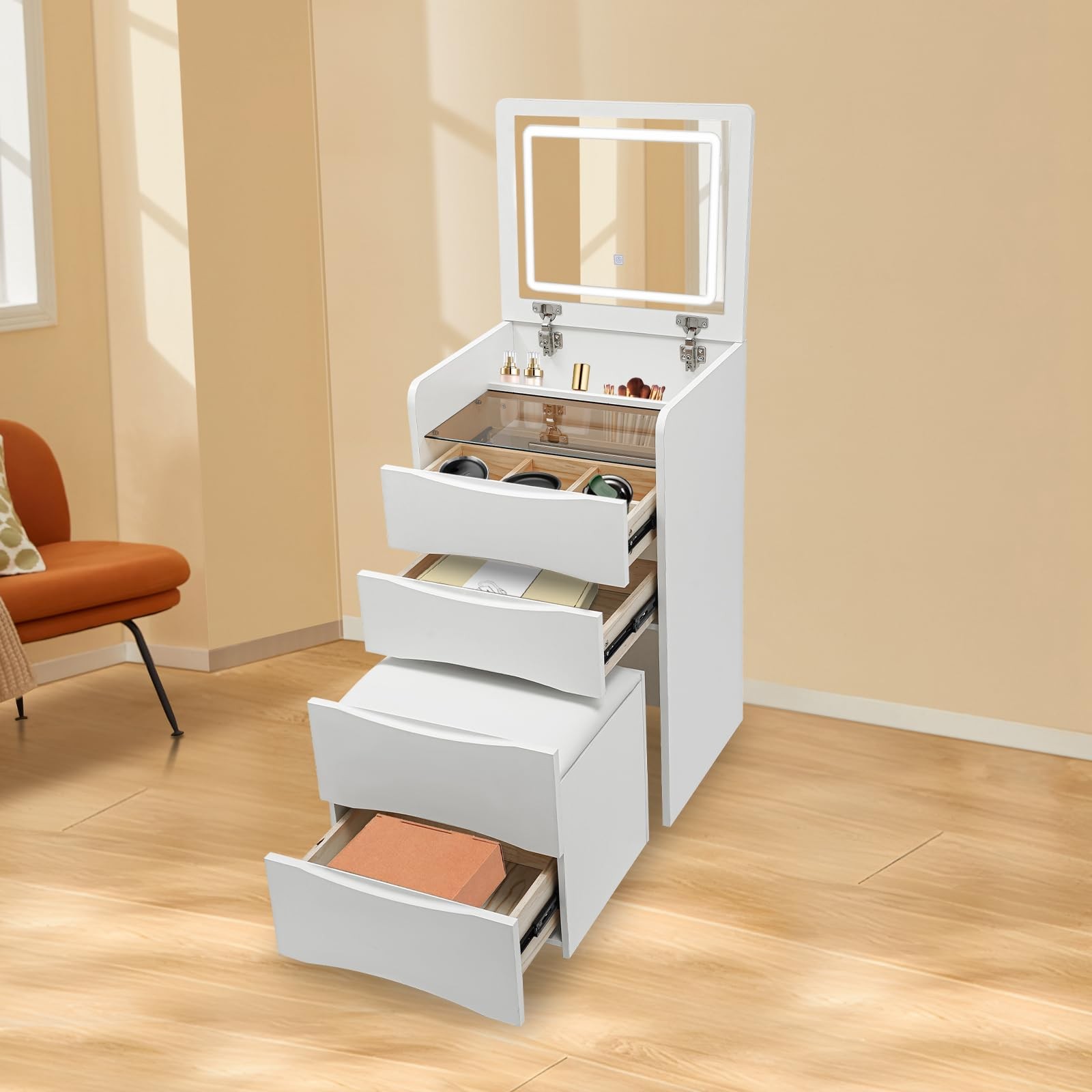 Vanity Desk Lighted Mirror Makeup Table Stool 3 Drawers Bedroom 3-Color Lighting