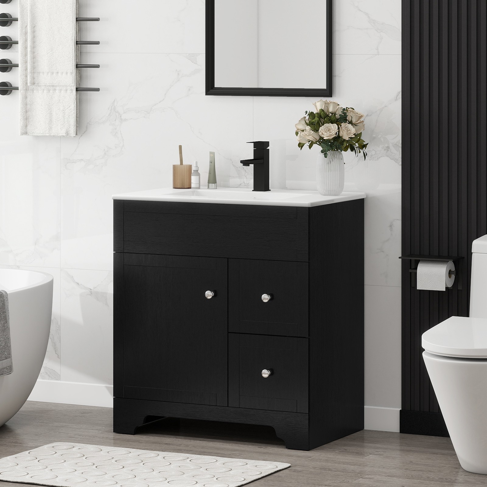 30″ Black Bathroom Vanity Set Freestanding with Ceramic Sink, Drain & Cabinet