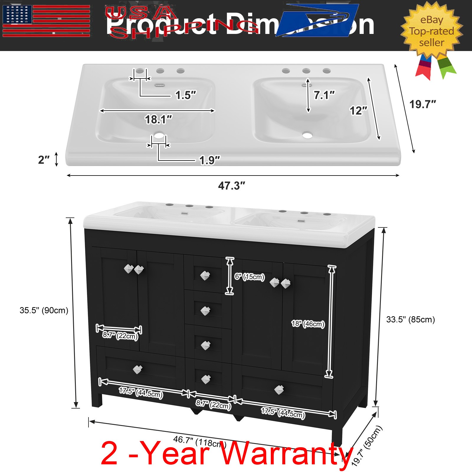 47in Large Freestanding Bathroom Cabinet with Double Sink Black Vanity Cabinet