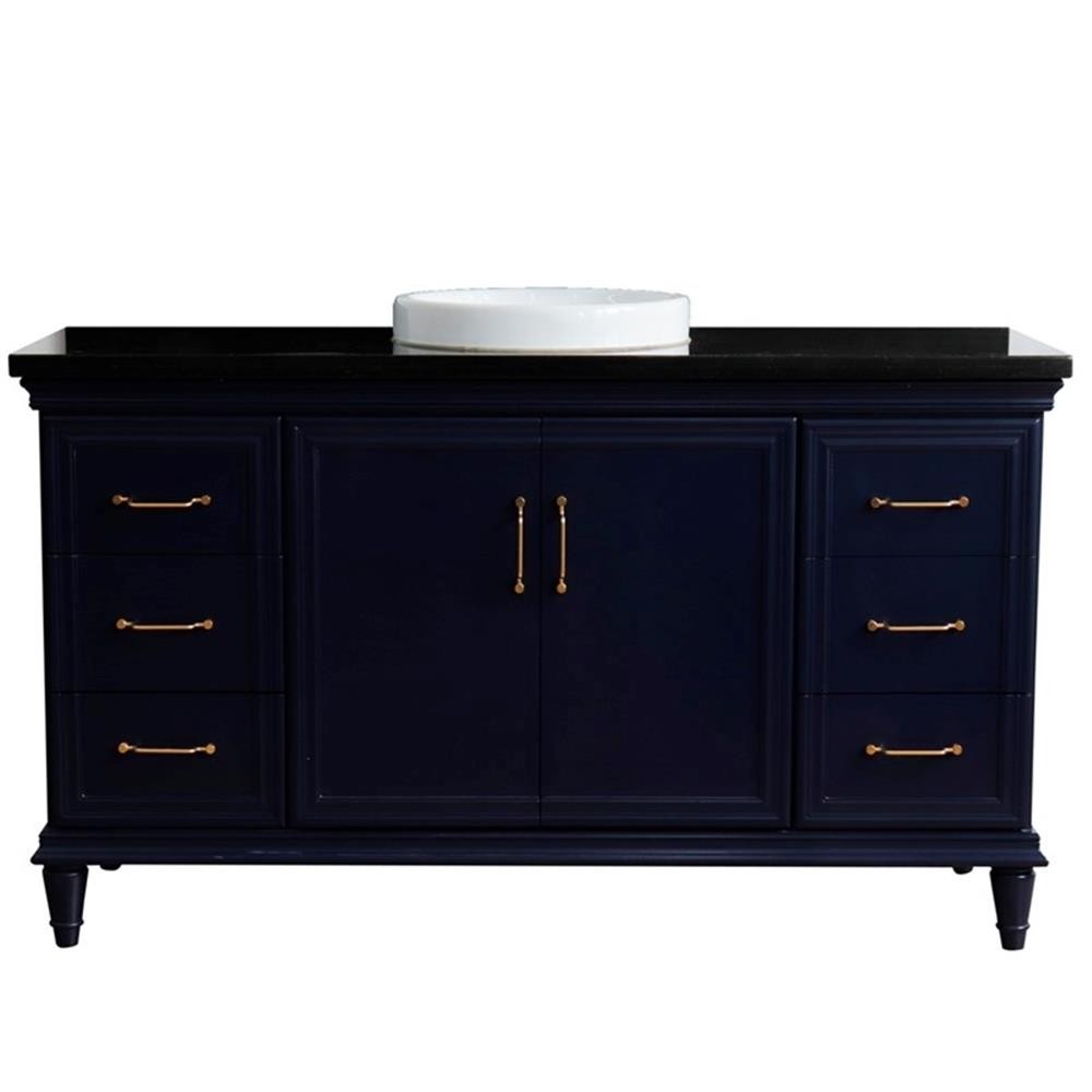 61 in. Single Wooden Vanity Blue Black Galaxy Granite Round Sink