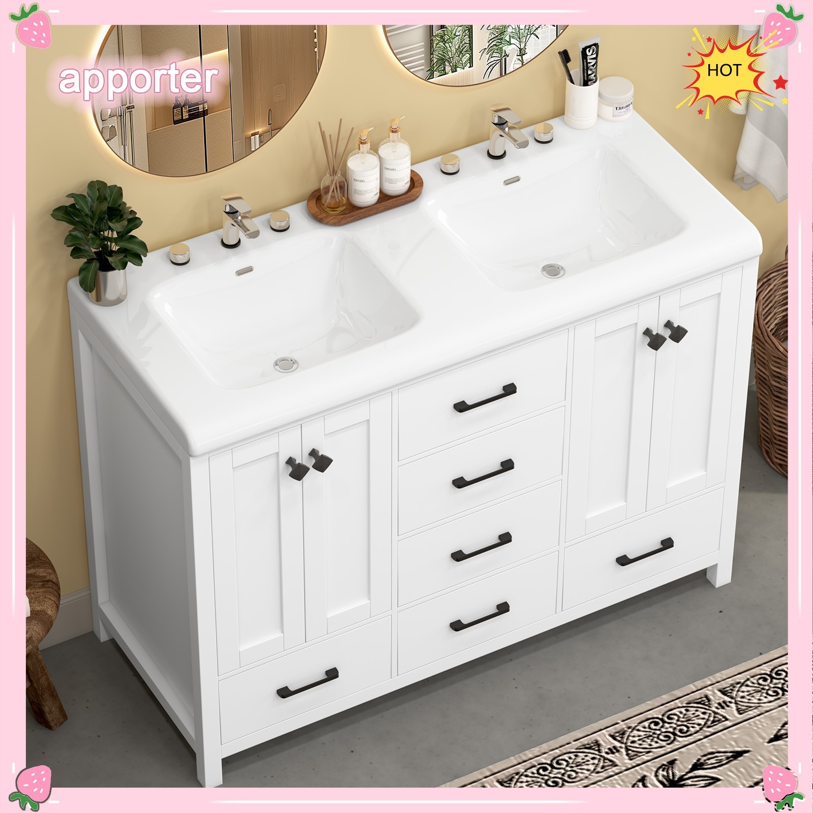 47in Bathroom Vanity &Sink,Freestanding Vanity Storage Cabinet,6 Drawers,2 Doors