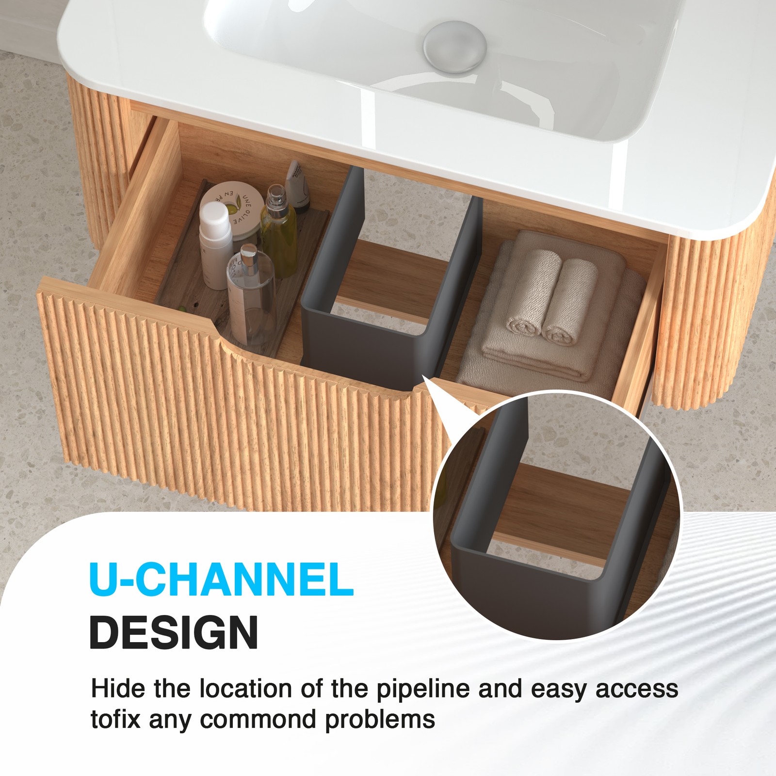 30″ Floating Bathroom Vanity in Walnut with White Ceramic Basin