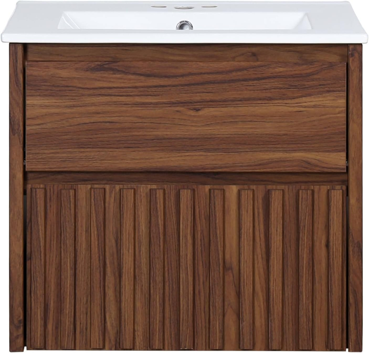 Walnut 24″ Modern Coastal 2-Drawer Wall-Mounted Bathroom Vanity Cabinet